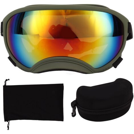 Lunettes de protection pour chien anti-vent et anti-UV, monture verte OD et verres rouges, pour ski et activités extérieures.