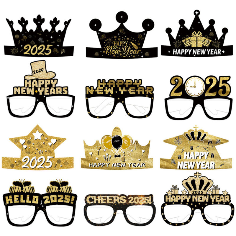 Lunettes de vue dorées "Bonne année" 2025, accessoires photo fantaisie pour réveillon.