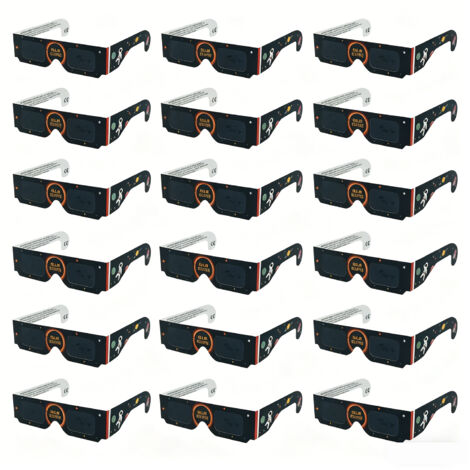 Lunettes d'observation d'éclipse solaire 2026, certifiées CE et ISO, protection solaire sûre, paquet de 20, motif astronaute noir.