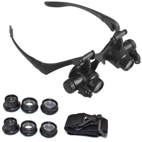 Lunettes Loupe avec 2 Lumières LED (10X 15X 20X 25X), 4 Lentilles Détachables, Loupe à Montage sur Tête, Lunettes Loupe Mains Libres pour Réparation, Lecture, Bijoux, Montres