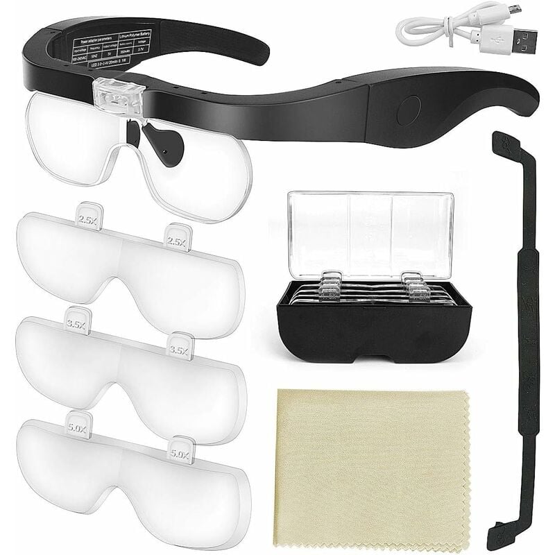 Ahlsen - Lunettes Loupe avec 2 Lumières led, Frontale Grossissantes Casque Loupe Mains Libres pour Couture, Lecture Réparations, Bijoux, Montres et