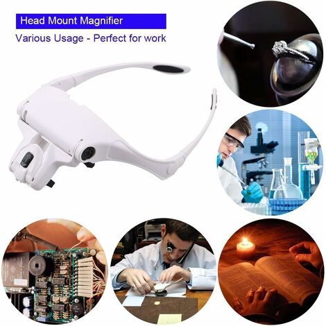 Lunettes Loupe avec 2 Lumières LED, Frontale Grossissantes Casque Loupe Mains Libres pour Couture, Lecture Réparations, Bijoux, Montres et Artisanat, 5 Lentilles Détachables (1.0X-3.5X)