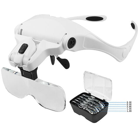 Lunettes Loupe avec 2 Lumières LED, Frontale Grossissantes Casque Loupe Mains Libres pour Couture, Lecture Réparations, Bijoux, Montres et Artisanat, 5 Lentilles Détachables (1.0X-3.5X)