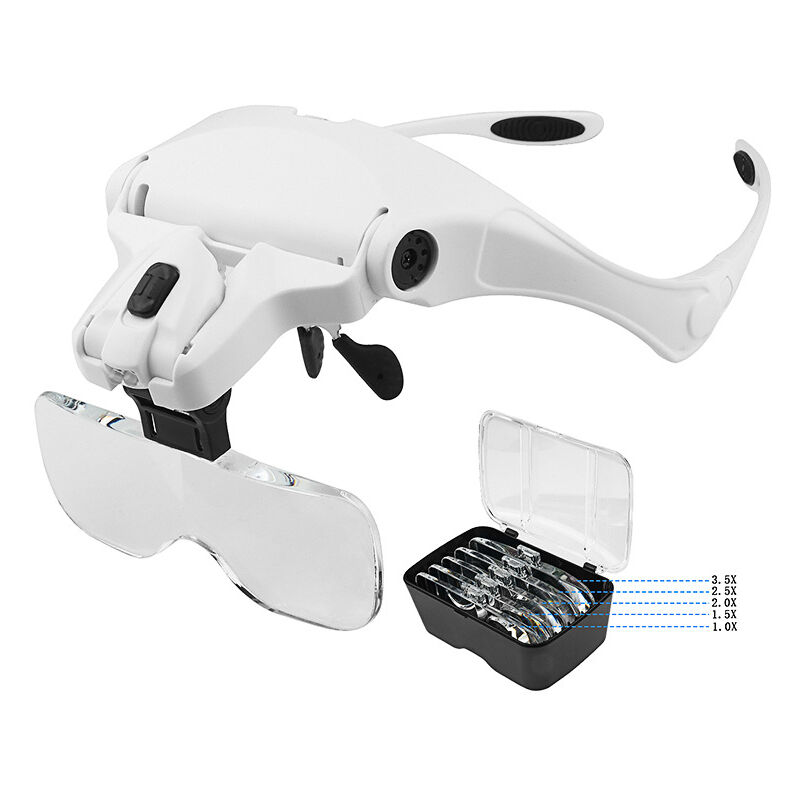 Aougo - Lunettes Loupe avec 2 Lumières led, Frontale Grossissantes Casque Loupe Mains Libres pour Couture, Lecture Réparations, Bijoux, Montres et