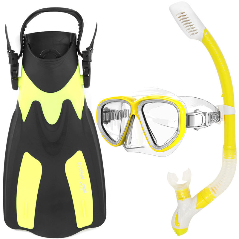 Lunettes Snorkel Flippers Set Snorkeling Verre Natation Palmes Plongee Avec Tuba Vitesse Forfait, Jaune