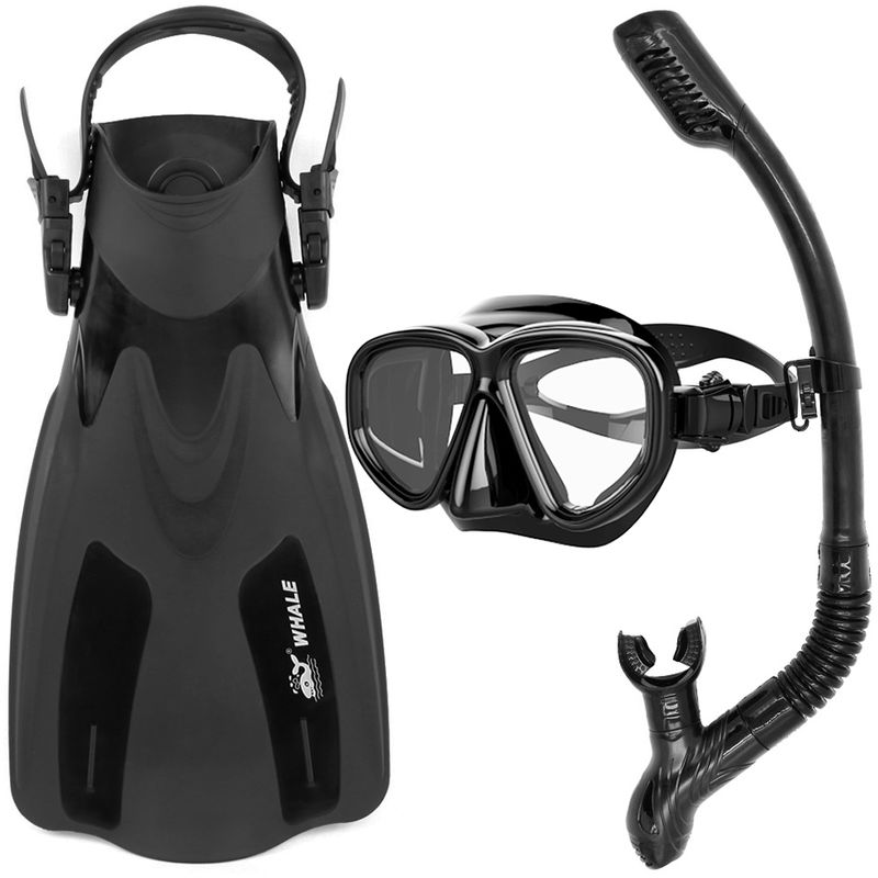 Lunettes Snorkel Flippers Set Snorkeling Verre Natation Palmes Plongee Avec Tuba Vitesse Forfait, Noir
