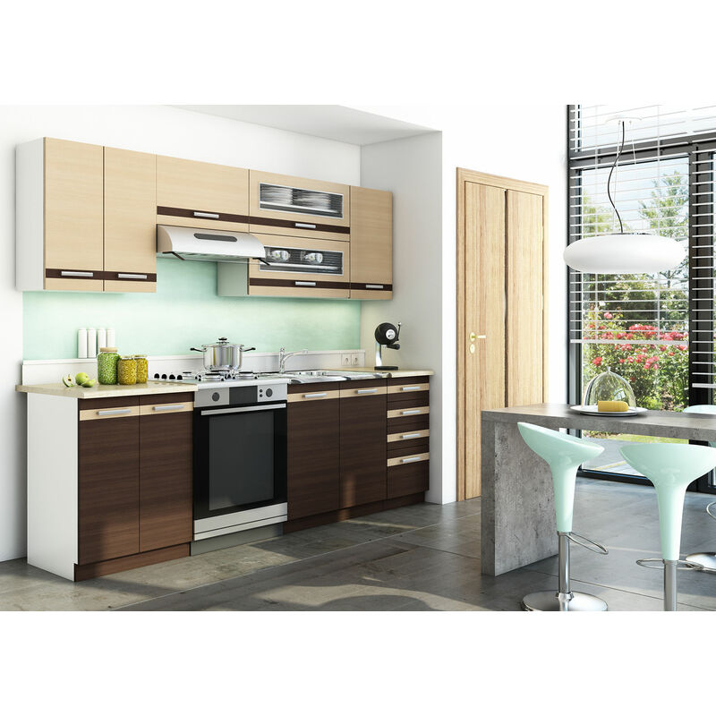 

LUNGO Mini | Cocina Modular Completa + Lineal L240cm 7 piezas | Plan de trabajo INCLUIDO | Conjunto de muebles de armario de cocina - Wenge