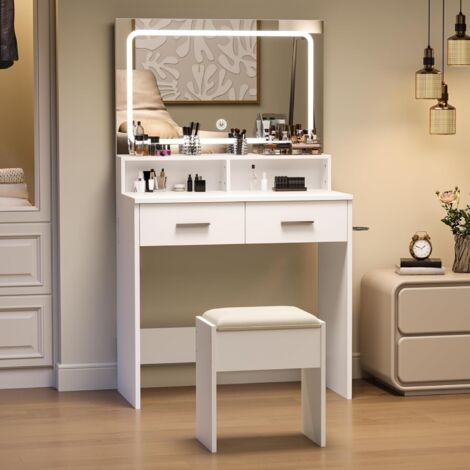 Lunsy – Coiffeuse moderne avec miroir LED – 80x40x130 cm – 3 modes d'éclairage – 2 prises et 2 USB – 2 tiroirs et 2 étagères