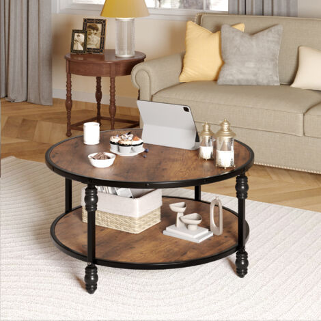 Lunsy – Table basse ronde 68cm – Bois industriel résistant aux rayures – 2 étagères ouvertes – Design moderne pour salon
