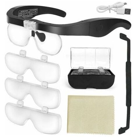 Lupa con 2 luces LED, aumento frontal manos libres para coser, leer, reparar, joyería, relojes y manualidades, 4 lentes extraíbles