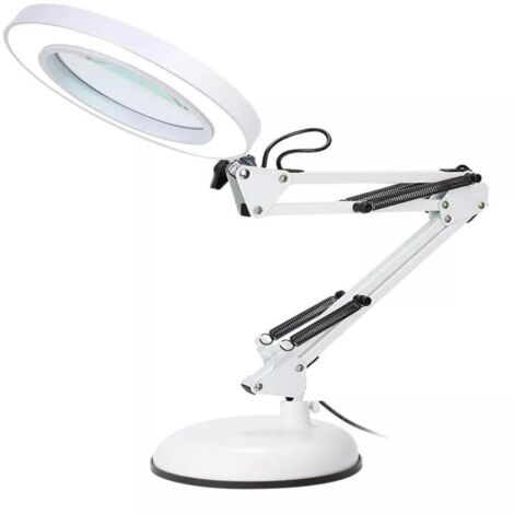 Lupa de 10 aumentos con iluminación LED integrada, 10 niveles de brillo, 3 colores, brazo y base flexibles, ideal para trabajos de precisión como lectura, mantenimiento y aficiones creativas.