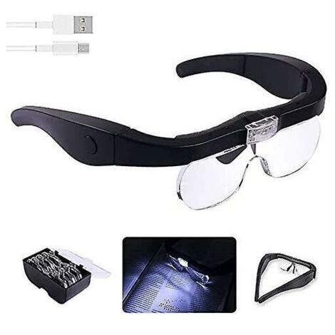 Lupa de cabeza con 2 luces LED, carga USB, manos libres, para leer, joyería, manualidades y mantenimiento de dispositivos electrónicos con 4 lentes extraíbles.