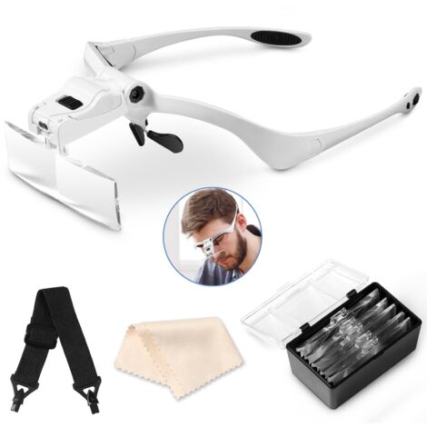 Lupa de diadema con luz LED, lupa de diadema con 5 lentes desmontables (1.0X, 1.5X, 2.0X, 2.5X, 3.5X), para todo tipo de trabajos de precisión, lectura, joyería, bordado, costura y fabricación de joya
