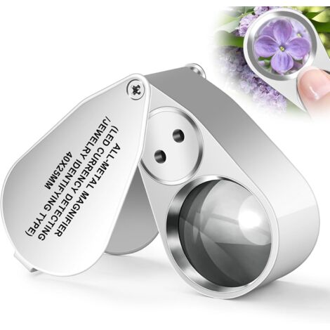 Lupa de joyero 40X, lupa de bolsillo plegable de metal iluminada con luz LED/UV, ideal para trabajos de precisión, joyas, monedas, piedras y sellos.
