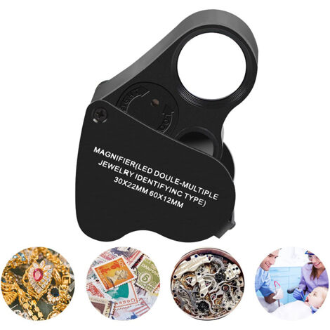 Lupa de joyero Lupa de ojo de joyero iluminada 30X 60X Lupa de joyería con luz ultravioleta negra y luz LED brillante para gemas, monedas, sellos y rocas (negra)