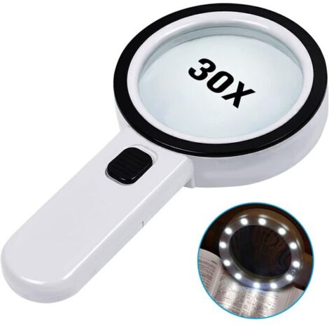 Lupa de lectura de 30 aumentos con 12 luces LED - Lupa iluminada para personas mayores - Para leer, leer monedas, sellos, mapas e inspecciones