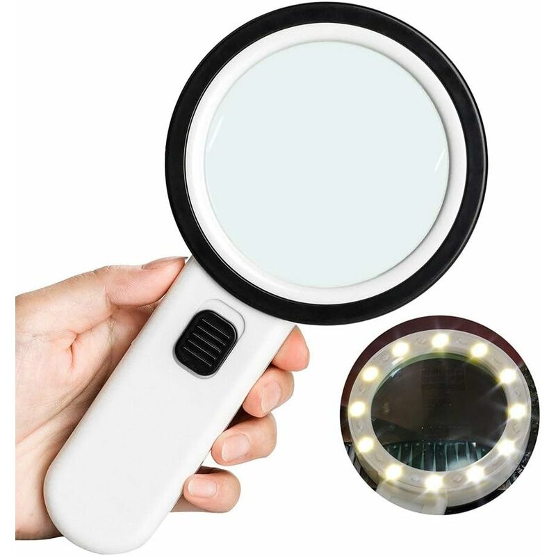 

Lupa de lectura 10 × con 12 LED, tamaño 106 mm, lupa de mano sin distorsiones con lente de vidrio doble para libros, periódicos, joyas, sellos