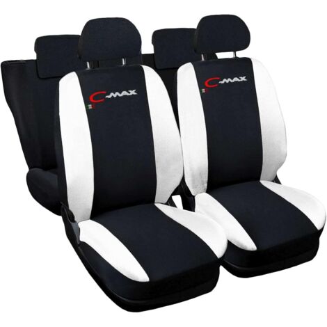 Lupex shop - Coprisedili Auto Compatibili per C-Max, Made In Italy, set anteriori e posteriori, copri poggiatesta incluso, tessuto poliestere, Nero - Bianco