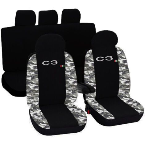 Lupex shop - Coprisedili Auto Compatibili per C3, Made In Italy, set di copri sedili anteriori e posteriori con copri poggiatesta incluso, tessuto poliestere, colore - Nero / Mimetico Chiaro
