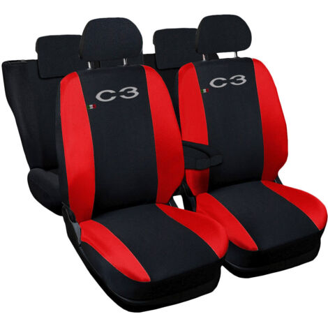 Lupex shop - Coprisedili Auto Compatibili per C3, Made In Italy, set di copri sedili anteriori e posteriori con copri poggiatesta incluso, tessuto poliestere, colore - Nero / Rosso