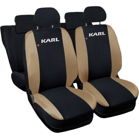 Lupex shop - Coprisedili Auto Compatibili per Karl, Made In Italy, anteriori e posteriori con copri poggiatesta incluso, tessuto poliestere, Nero - Beige