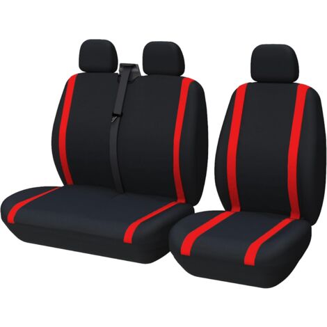 Lupex Shop – Coprisedili auto per furgoni, 3 posti anteriori, universali, tessuto in policotone , con braccioli (Nero/Rosso)