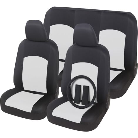 Lupex Shop - Coprisedili per auto medio piccole, anteriore e posteriore, con coprivolante, mod. Soft, tessuto Policotone, Nero - Bianco