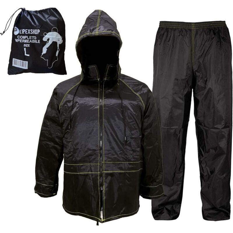 Image of Lupex Shop - Tuta Moto Impermeabile Antipioggia Antivento, con borsa, colore nero, set di giacca e pantalone da pioggia con cappuccio a scomparsa,