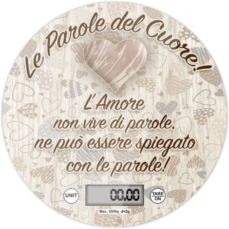 Lupia - Bilancia Digitale da Cucina in Vetro Temperato decorato LE PAROLE DEL CUORE D.18,5 cm, Idea Regalo scatola bianca, Display LED, Design Elegante Bomboniera, batteria CR2032, Made in Italy