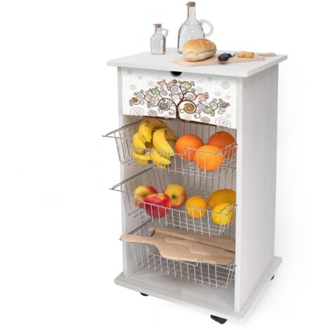 Lupia - Carrello Cucina Multifunzione Bianco TREE WHITE, Portafrutta Ruote Piroettanti, Piano di Appoggio, tre Cestelli Estraibili in Acciaio, Legno 40X45H85 cm montato