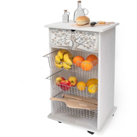 Lupia - Carrello Cucina Multifunzione Bianco WHITE ALBERO ABBRACCIO, Portafrutta Ruote Piroettanti, Piano di Appoggio, tre Cestelli Estraibili in Acciaio, Legno 40X45H85 cm montato