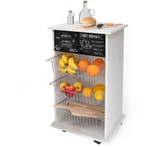 Lupia - Carrello Cucina Multifunzione Bianco WHITE BLACKBOARD, Portafrutta Ruote Piroettanti, Piano di Appoggio, tre Cestelli Estraibili in Acciaio, Legno 40X45H85 cm montato