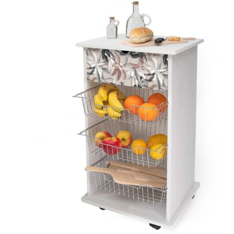 Lupia - Carrello Cucina Multifunzione Bianco WHITE LEAVES MIX, Portafrutta Ruote Piroettanti, Piano di Appoggio, tre Cestelli Estraibili in Acciaio, Legno 40X45H85 cm montato