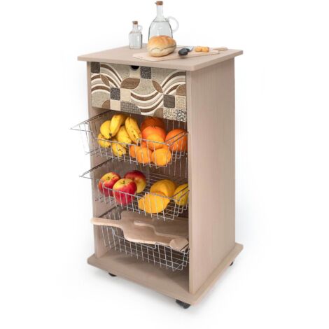 Lupia - Carrello Cucina Multifunzione Vintage LEAVES TILES, Portafrutta Ruote Piroettanti, Piano di Appoggio, tre Cestelli Estraibili in Acciaio, Legno 40X45H85 cm montato