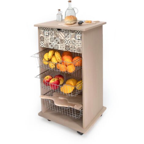 Lupia - Carrello Cucina Multifunzione VINTAGE TILES VINTAGE, Portafrutta Ruote Piroettanti, Piano di Appoggio, tre Cestelli Estraibili in Acciaio, Legno 40X45H85 cm montato