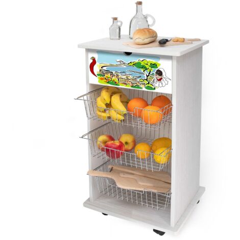 Lupia - Carrello Cucina Multifunzione WHITE NAPOLI CARTOON, Portafrutta Ruote Piroettanti, Piano di Appoggio, tre Cestelli Estraibili in Acciaio, Legno 40X45H85 cm montato