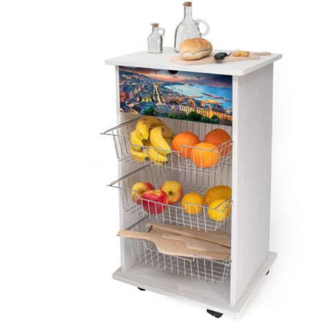 Lupia - Carrello Cucina Multifunzione WHITE NAPOLI GOLFO DI SERA, Portafrutta Ruote Piroettanti, Piano di Appoggio, tre Cestelli Estraibili in Acciaio, Legno 40X45H85 cm montato