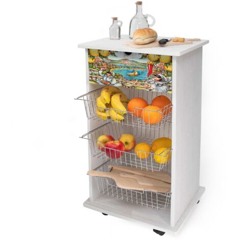 Lupia - Carrello Cucina Multifunzione WHITE NAPOLI PULCINELLA, Portafrutta Ruote Piroettanti, Piano di Appoggio, tre Cestelli Estraibili in Acciaio, Legno 40X45H85 cm montato
