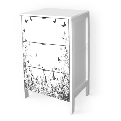 Lupia - Cassettiera Mobile Italy, Stile Minimal in Legno, 3 Cassetti, Stampa MODERN BUTTERFLY BLACK, Adatta a Ogni Stanza, 39x29xH60 cm, organizer Colore Bianco decorato