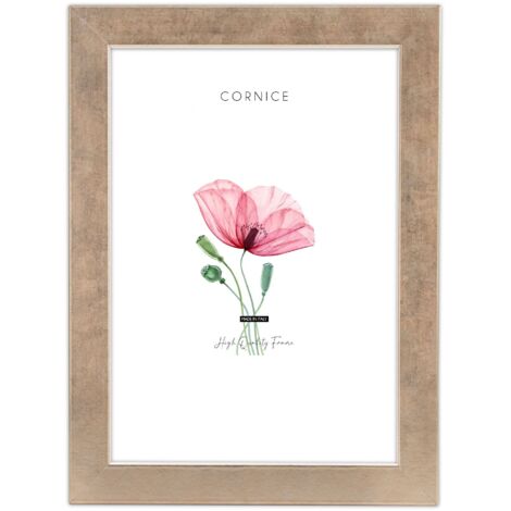 Lupia - Cornice portafoto in legno ecologico MDF da parete QUADRA ORO con bordo interno filo Bianco, champagne dorata, per foto, stampe artistiche, poster, quadri moderni A4 21x29,7 cm