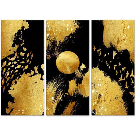Lupia - GRANDE QUADRO Moderno 3 Pezzi Stampa su Tela Gold Nature Effetto Oro e Nero Astratto Decorazione Parete Soggiorno, Camera, Ufficio  122x180 cm, Legno