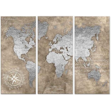 Lupia - GRANDE QUADRO Moderno 3 Pezzi  Stampa su Tela Grande  BROWN SILVER carta geografica per Soggiorno, Camera, Ufficio  Facile da Appendere  Telaio in Legno, World Brown Silver, 122x180 cm