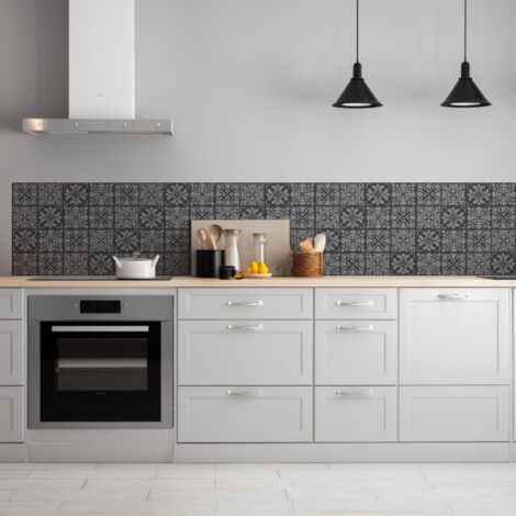 Lupia Pannello Paraschizzi Schienale Cucina con decorazione stampata, CERAMIC AZULEJOS GREY, in Alluminio composito, Facile da applicare, Lavabile Ignifugo Resistente all'Acqua 300xH62,5 cm