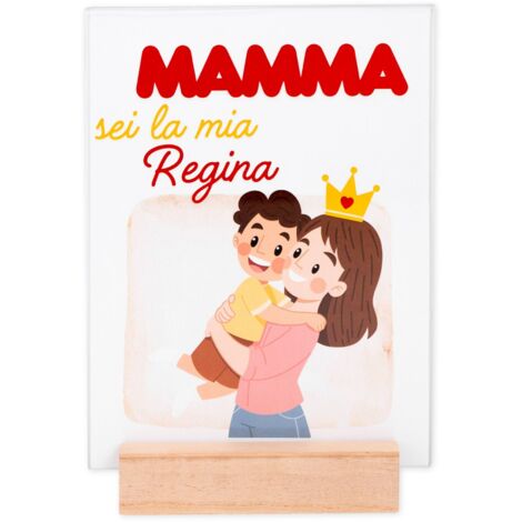 Lupia - Portafoto Targa 15x20 cm MAMMA SEI REGINA con protezione in Vetro e supporto da tavolo in legno, senza Cornice, Idea Regalo con Scatola e poster grafica per la festa della mamma