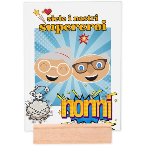 Lupia - Portafoto Targa 15x20 cm NONNI SUPEREROI con protezione in Vetro e supporto da tavolo in legno, senza Cornice, Idea Regalo con Scatola e poster grafica per la festa dei nonni