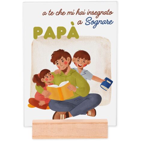 Lupia - Portafoto Targa 15x20 cm SOGNARE CON PAPA' con protezione in Vetro e supporto da tavolo in legno, senza Cornice, Idea Regalo con Scatola e poster grafica per la festa del papa'