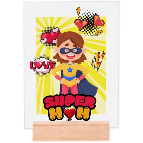 Lupia - Portafoto Targa 15x20 cm SUPER MAMMA con protezione in Vetro e supporto da tavolo in legno, senza Cornice, Idea Regalo con Scatola e poster grafica per la festa della mamma