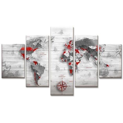 Lupia - Quadro moderno 5 pezzi su tela Grande Vogue 105x160 cm World's Map White