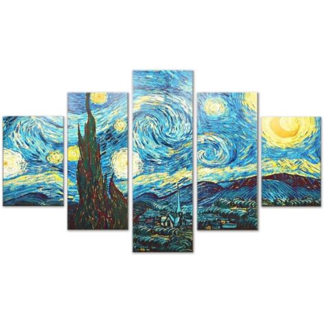 Lupia - Quadro moderno 5 pezzi su tela pvc, Grande Vogue, NOTTE STELLATA Van Gogh, 105x160 cm, Stampe ad alta risoluzione, Facili da appendere, Ideale per soggiorno, camera da letto, Made in Italy