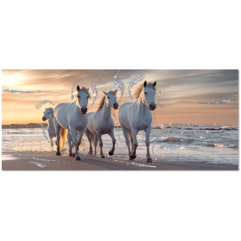 Lupia - Quadro Moderno BRILLANT con Glitter Sunset with Horses  Stampa su Tela Poliestere  Decorazione Artigianale Italiana, Arte da Parete per Soggiorno e Ufficio  52x122 cm, telaio Legno